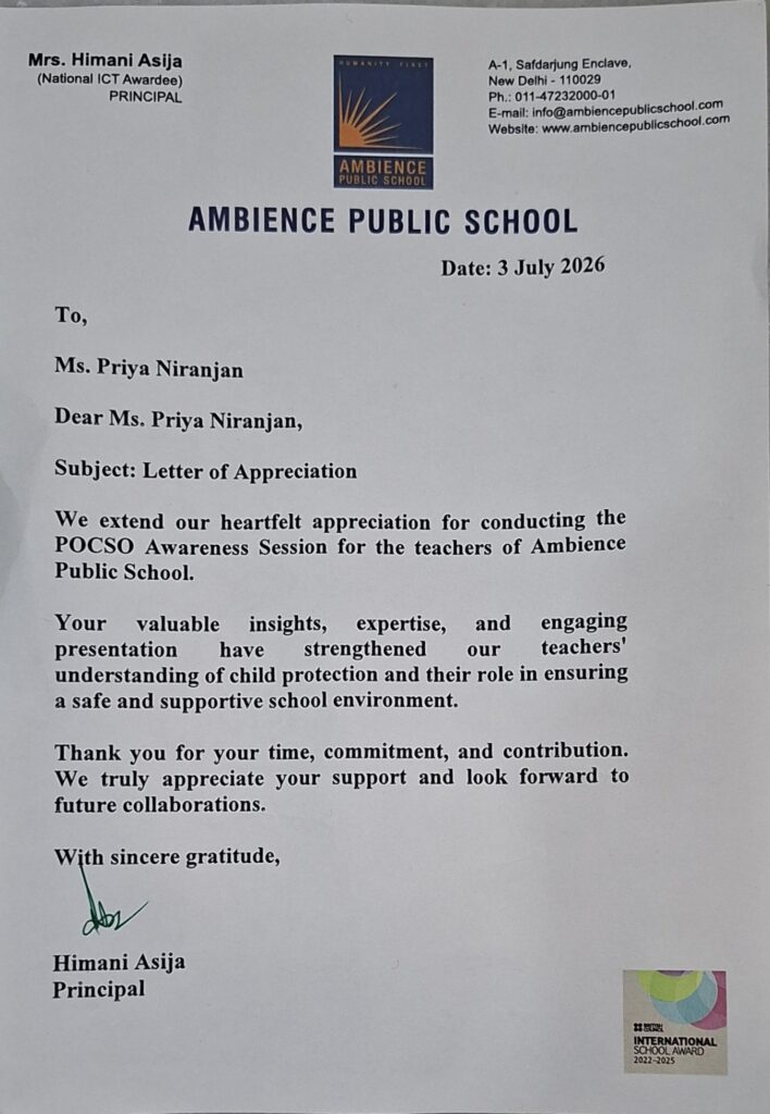 Letter of Appreciation to Priya Niranjan for conducting a POCSO awareness session for teaching staff (3 July 2026).